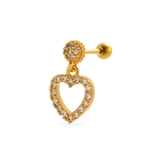 Gold hollow heart cartilage stud earring with sparkling cubic zirconia and screw back