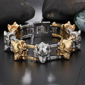 Men's stainless steel wolf head biker chain bracelet in silver and gold tone finish