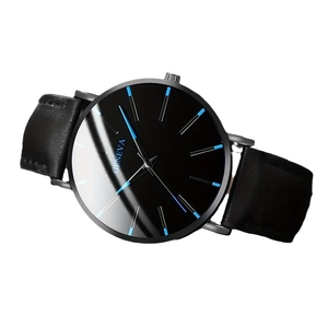 Business quartz watch with blue indices, black leather strap and round metal case