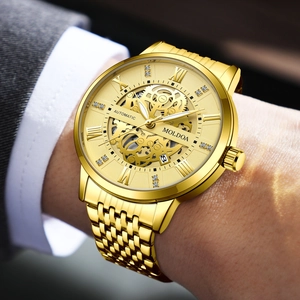 Luxury gold skeleton automatic mechanical men's watch with steel strap and Roman numerals
