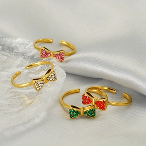 Minimalist adjustable bow ring with colorful zircon inlay in gold stainless steel