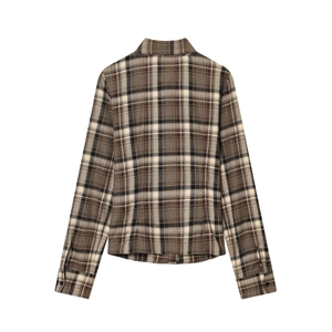 Back view of a slim fit long sleeve plaid shirt in coffee, beige and black tones