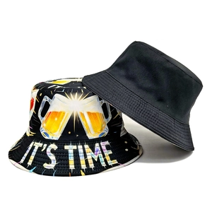 Reversible bucket hat with black minimalist side and beer graphic pattern print