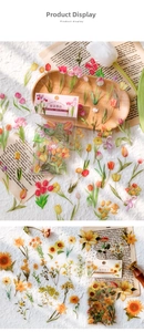 Vintage PET botanical stickers with tulips and sunflowers for scrapbooking and DIY decor
