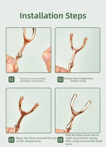Detailed four-step guide for installing dental floss on a rose gold stainless steel tool