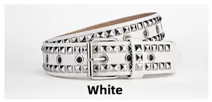 Close-up of white punk belt with double rows of silver square rivets and metal eyelets