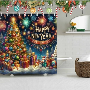 Detailed view of waterproof polyester shower curtain with Christmas tree and snowman print