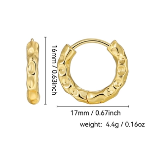 Irregular hammered brass hoop earrings with golden plated textured finish for women
