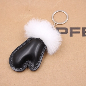 Cute Heart Shaped Glove PU Leather Keychain With Plush Ball Furry Bag Charm Pendant For Women Girls Backpack Ornament