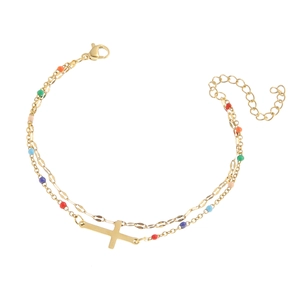 Double-layered 18K gold plated stainless steel bracelet with colorful beads and cross charm
