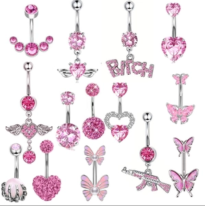Piercing Ombligo Acero Inoxidable Circonita Cúbica Rosa Corazón Mariposa Alas Ángel Joyería Corporal Moda Para Mujer