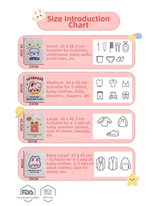 Size chart for travel storage bags showing dimensions for small to extra large sizes