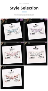 Macro detail of self-adhesive face jewel stickers in five colors for festival makeup