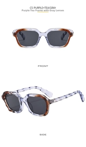 Front and side views of wavy purple tea square sunglasses with grey lenses