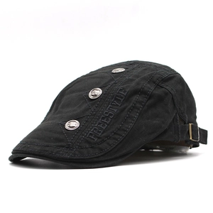 Adjustable cotton newsboy cap with letter embroidery and side metal button accents