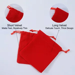 Thick velvet drawstring pouches in red showing short and long plush texture options