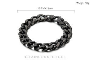Detail view of black stainless steel Cuban chain bracelet with dimensions 210x13mm and 53g weight