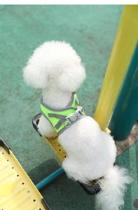 Detalle del arnés reflectante para perros con anillos en D dobles en un perro blanco