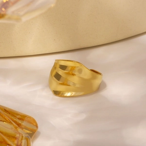 Wavy Wide Band Ring Stainless Steel Gold Plated Minimalist Irregular Concave Adjustable Open Ring For Women