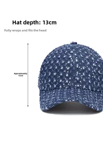 Detail of blue sequin denim baseball cap showing 13cm depth and distressed finish