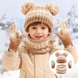 Kids gradient tie-dye knit hat scarf and gloves set with faux fur pom-poms for winter