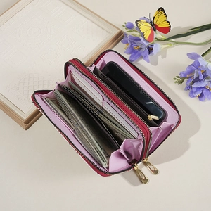 Women's butterfly print double zipper wallet with large capacity for cards and smartphone