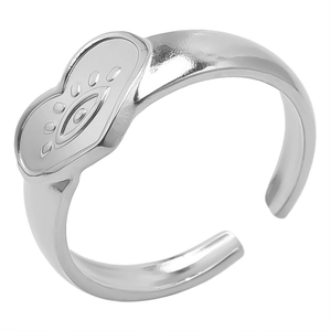 Macro di anello regolabile in acciaio color argento con rilievo a cuore e occhio