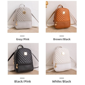 Quilted mini backpacks in grey, brown, black and white with V-shaped stitching detail