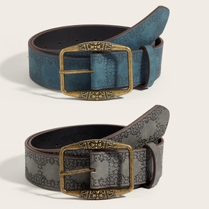 Y2K vintage embossed leather belts with antique brass buckles in teal and grey colors