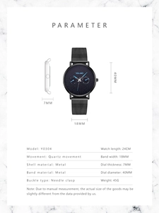 Spécifications de la montre YOLAKO à cadran bleu et bracelet en maille noire de 40 mm
