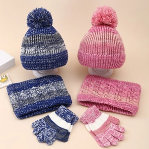 Kids Winter Knit Hat Scarf Gloves Acrylic Fleece Lined Warm Gradient Cable Knit With Pom For Toddlers Boys Girls