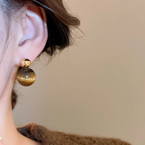 Close-up of model wearing tiger eye stone drop earrings with golden stud accents