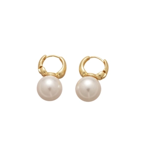 French vintage gold hoop earrings with white round pearls on a clean white background