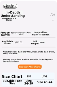 Detail shot of sports compression ankle sleeve fabric specs and sizing chart guide