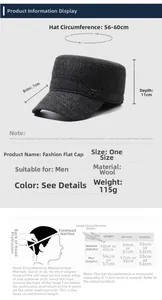 Size chart and measurement guide for men's flat top wool cap with ear flaps