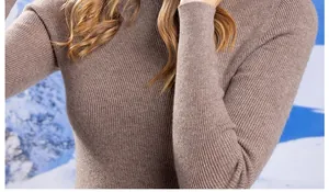 Detail of oatmeal brown knit sweater showing ribbed texture and high neck collar