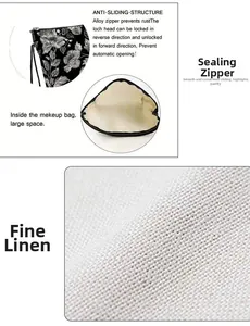 Détails de la trousse à maquillage fleurie avec fermeture en alliage et texture en lin