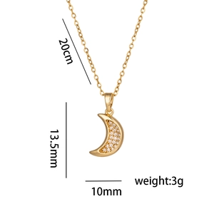 18K gold plated stainless steel moon necklace with crystals and measurement details