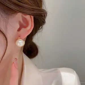 Round Artificial Pearl Hoop Earrings With Silver Earring Post 18K Gold Plated Copper French Vintage Style Jewelry For Women