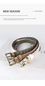 Three hand-woven belts in olive, khaki, and white with vintage metal buckles for women