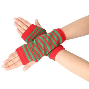 Macro shot of red and green striped knit fingerless arm warmers with thumb holes