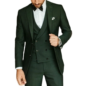 Slim fit dark green three-piece tuxedo suit with matching vest and trousers for men