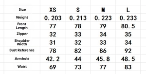 Detailed clothing size chart with measurements for XS, S, M, L sleeveless dress sizes