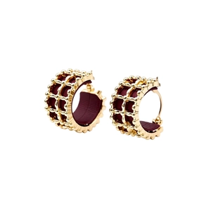 18K gold plated hollow metal mesh hoop earrings with burgundy leather inlay for women