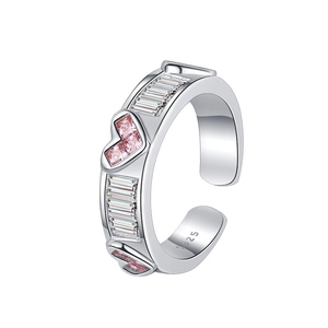 Adjustable S925 sterling silver ring with pink heart stone and white cubic zirconia