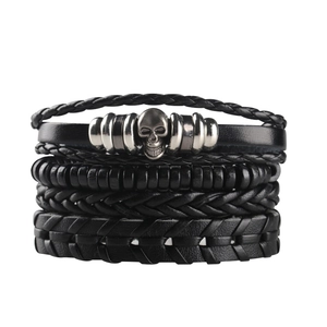 Men's multilayer black leather bracelet set with metallic skull and braided punk style beads