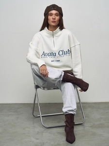 Oversize half-zip sweatshirt with letter print in white and grey jogger pants