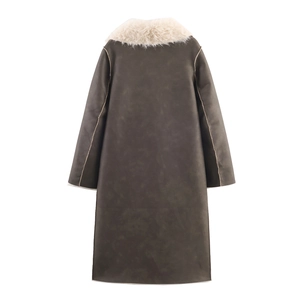 Back view of long faux fur reversible coat in dark coffee brown with white fur collar