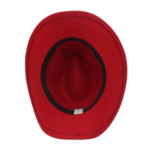 Top down view of red wool felt cowboy hat interior featuring a black inner sweatband