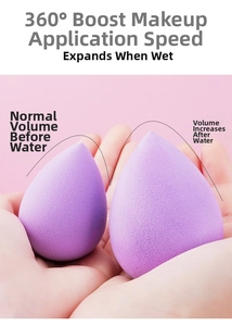 Detailed comparison of dry and wet purple makeup sponges showing water expansion effect